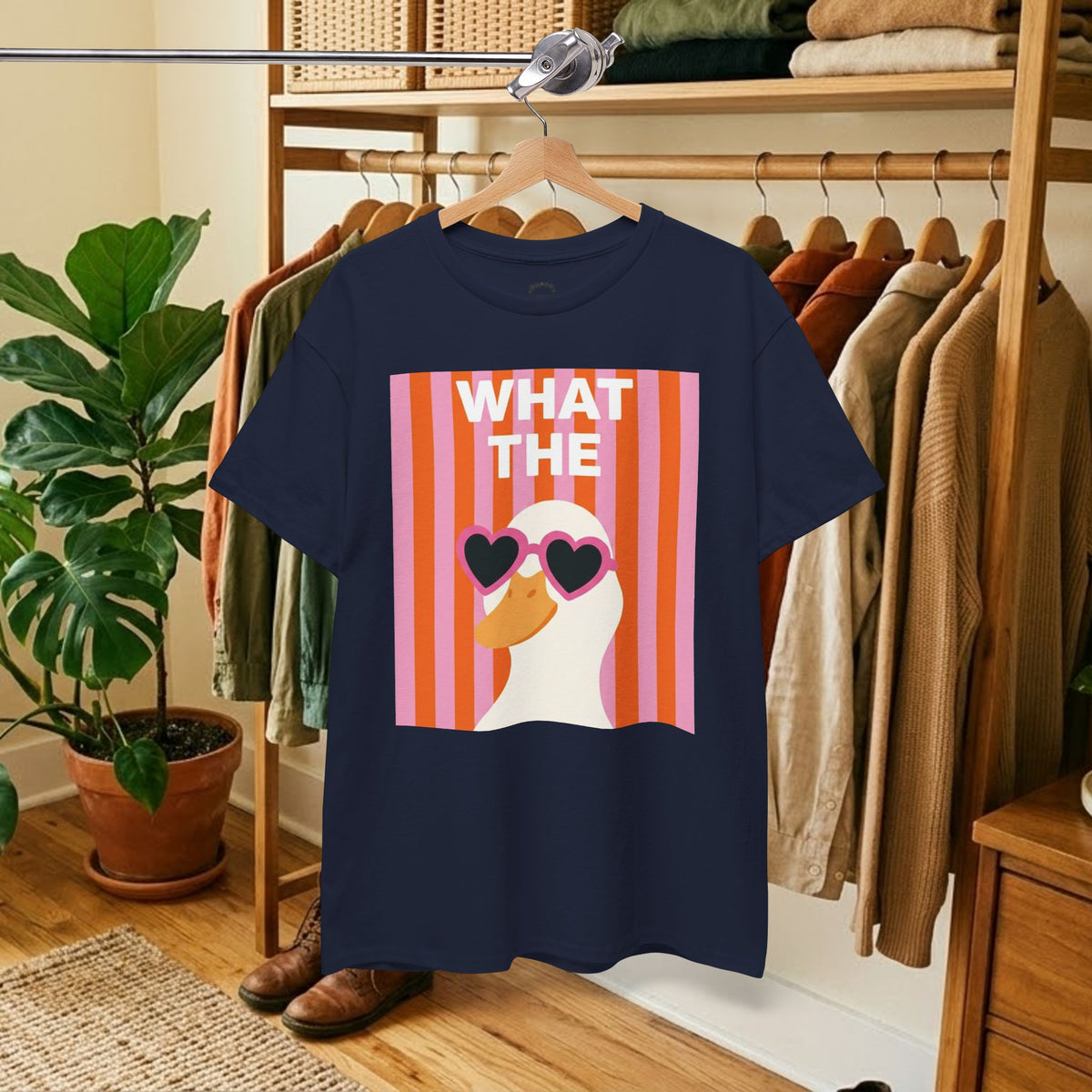 Navy cotton graphic tee with 'WHAT THE' retro heart sunglasses print