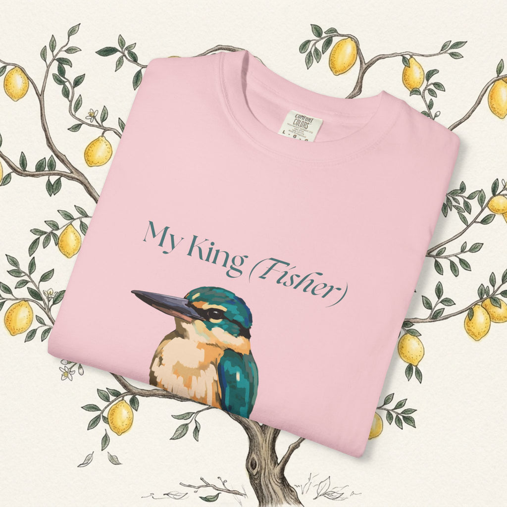 Pink kingfisher graphic t-shirt with script text on front