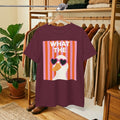 Maroon cotton graphic tee with 'WHAT THE' retro heart sunglasses print