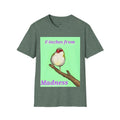 Dark green T-shirt with red-and-white bird graphic and pink “Madness” text