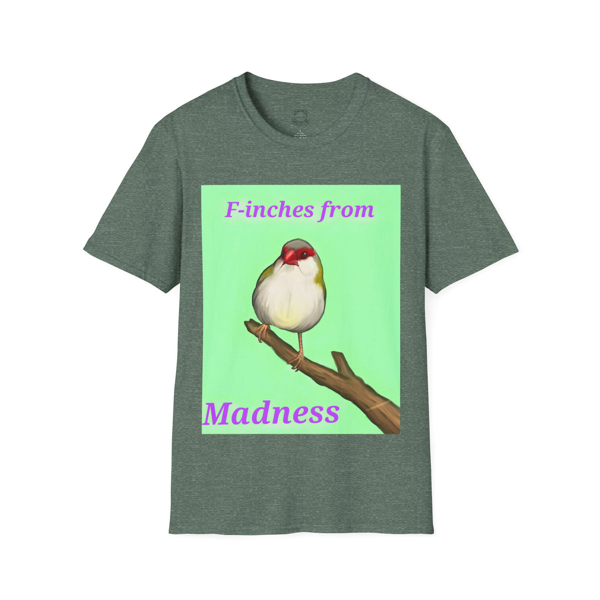 Dark green T-shirt with red-and-white bird graphic and pink “Madness” text