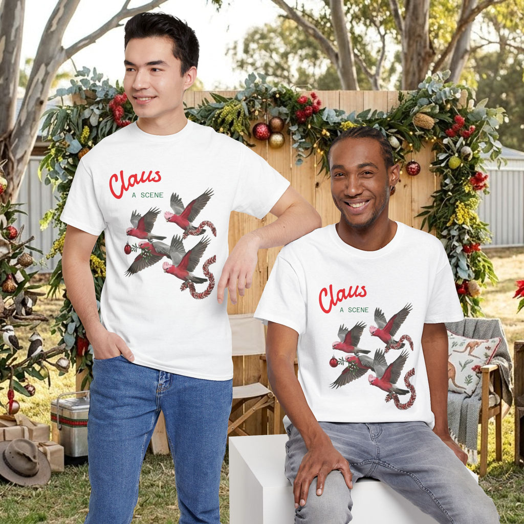 White Christmas graphic tee on two men, “Claus” text and red flying bird scene