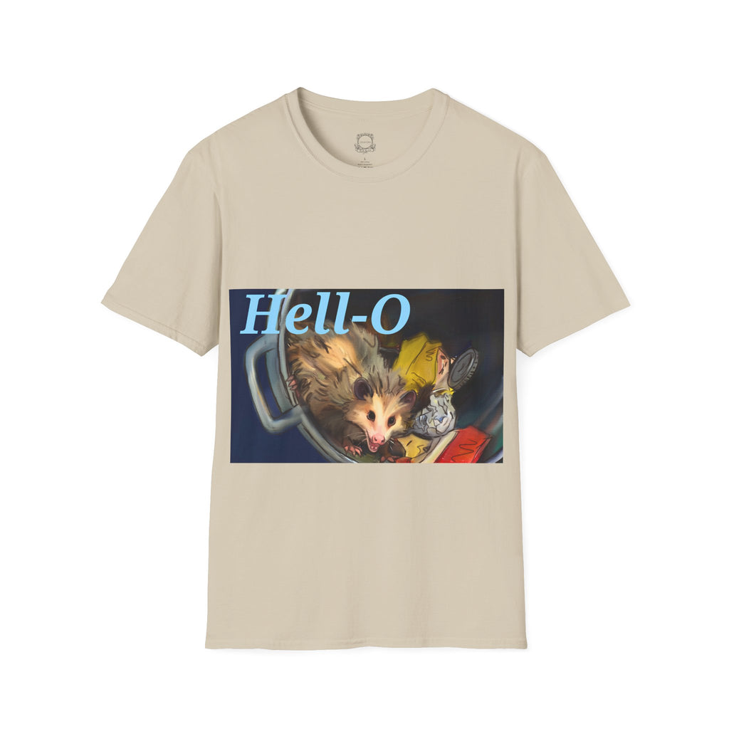 Beige T-shirt with 'Hell-O' possum graphic on front