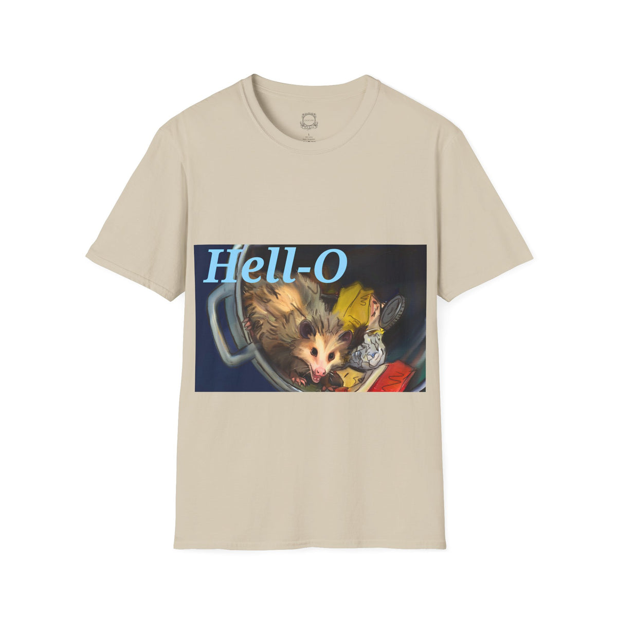 Beige T-shirt with 'Hell-O' possum graphic on front