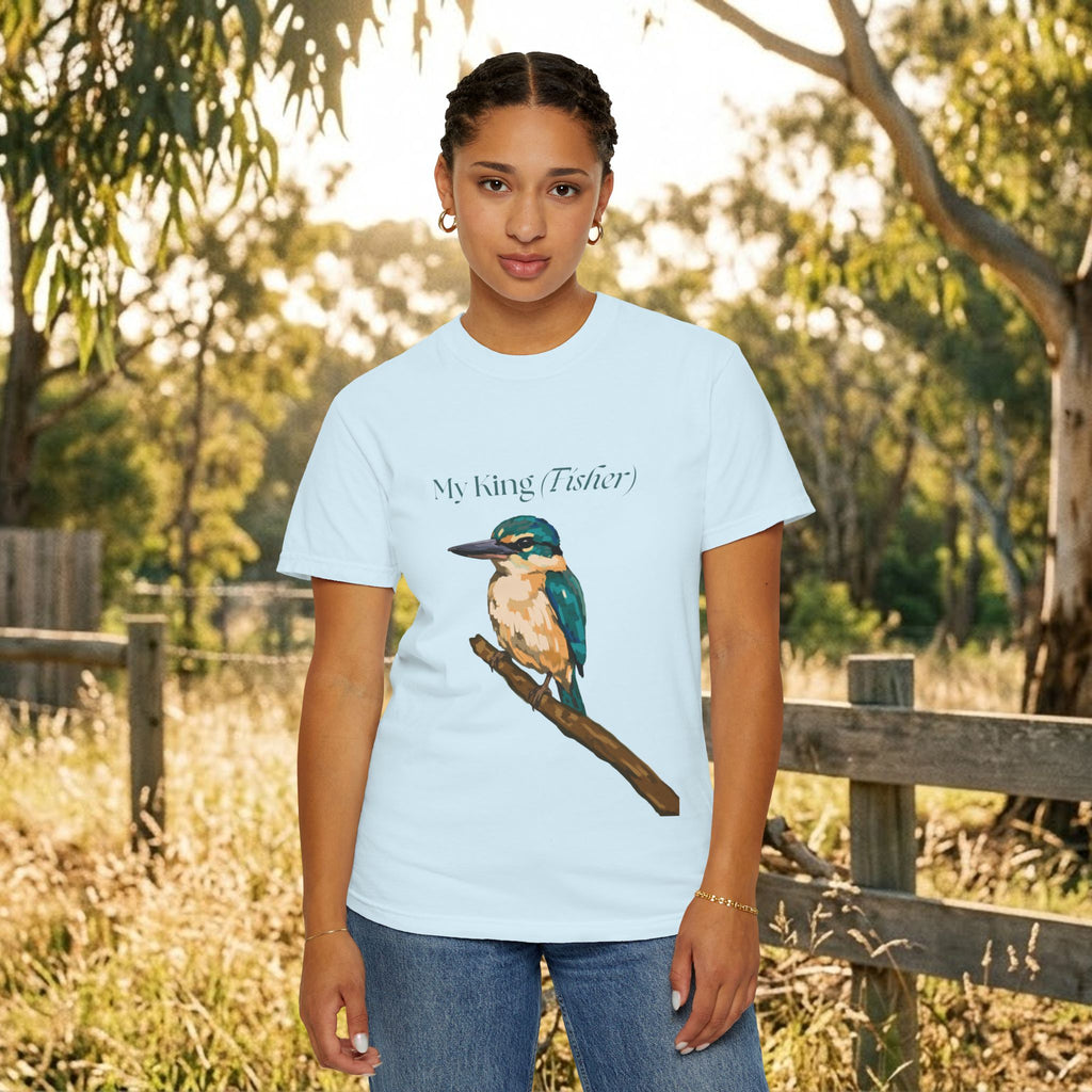 Light blue crewneck T-shirt with kingfisher bird graphic on the chest