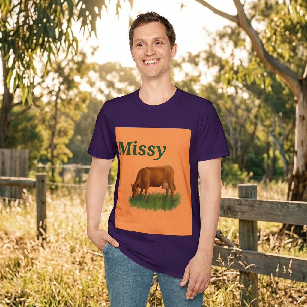 Purple crew-neck T-shirt with orange Missy panel and grazing cow graphic