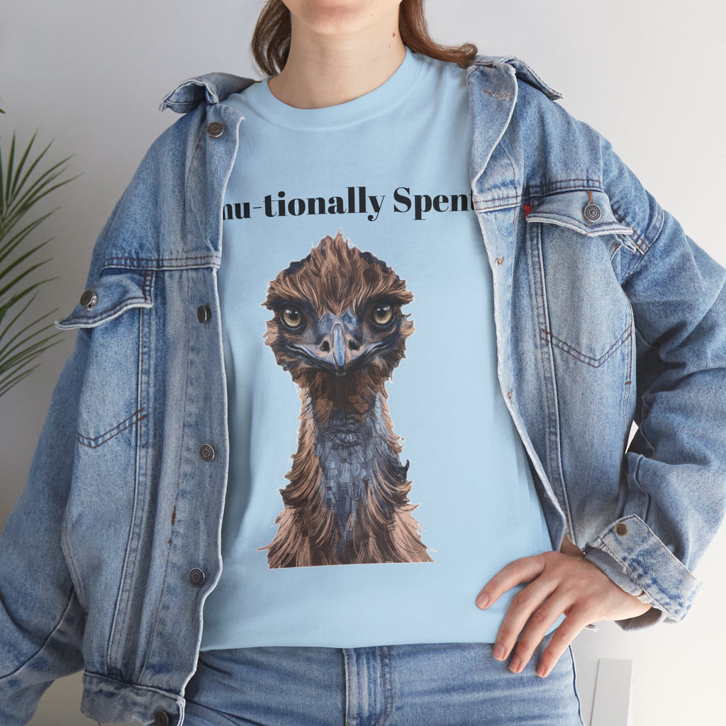 Light blue emu-themed graphic t-shirt with animal portrait and slogan on chest