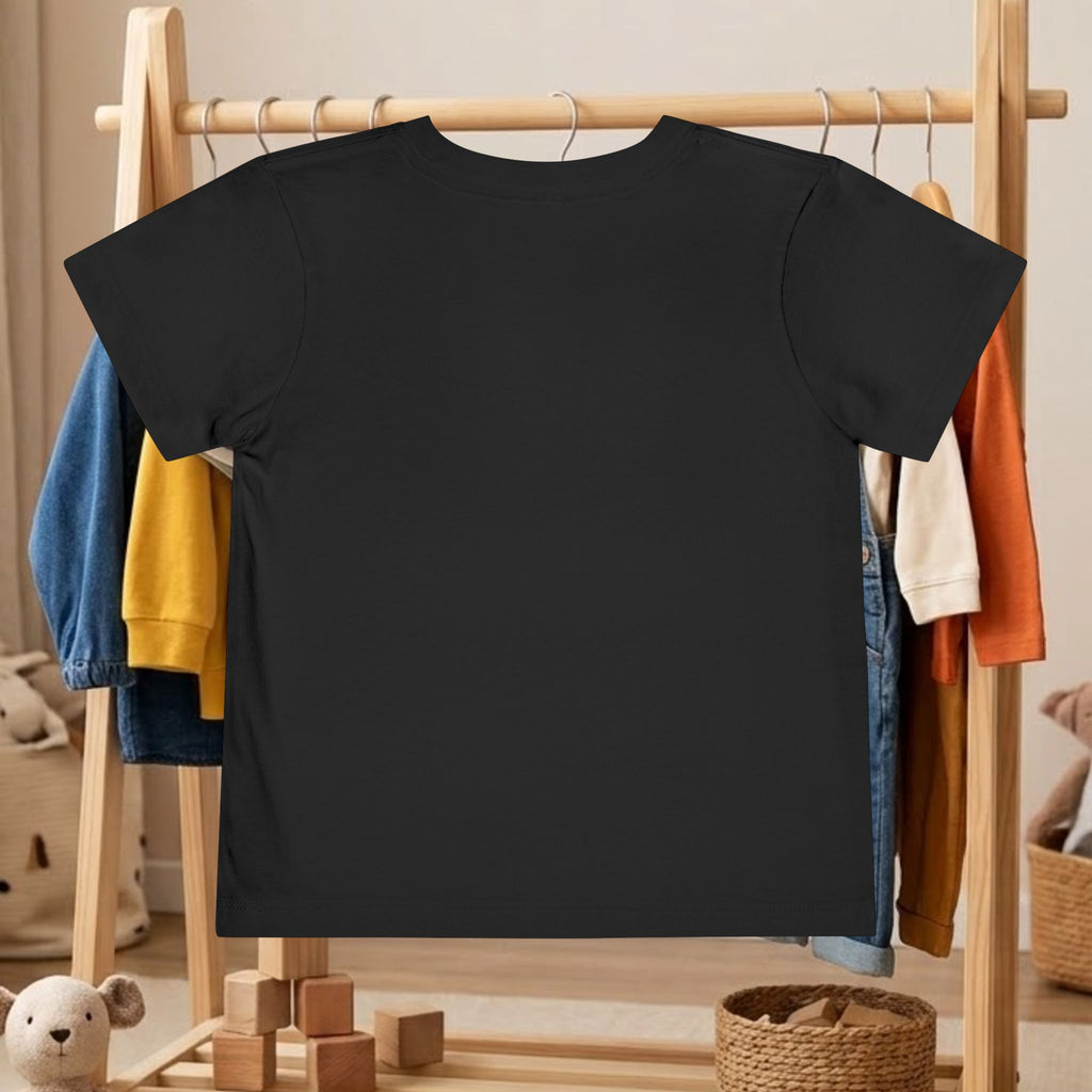 Toddler black tee on hanger, short sleeves and crew neck, plain back