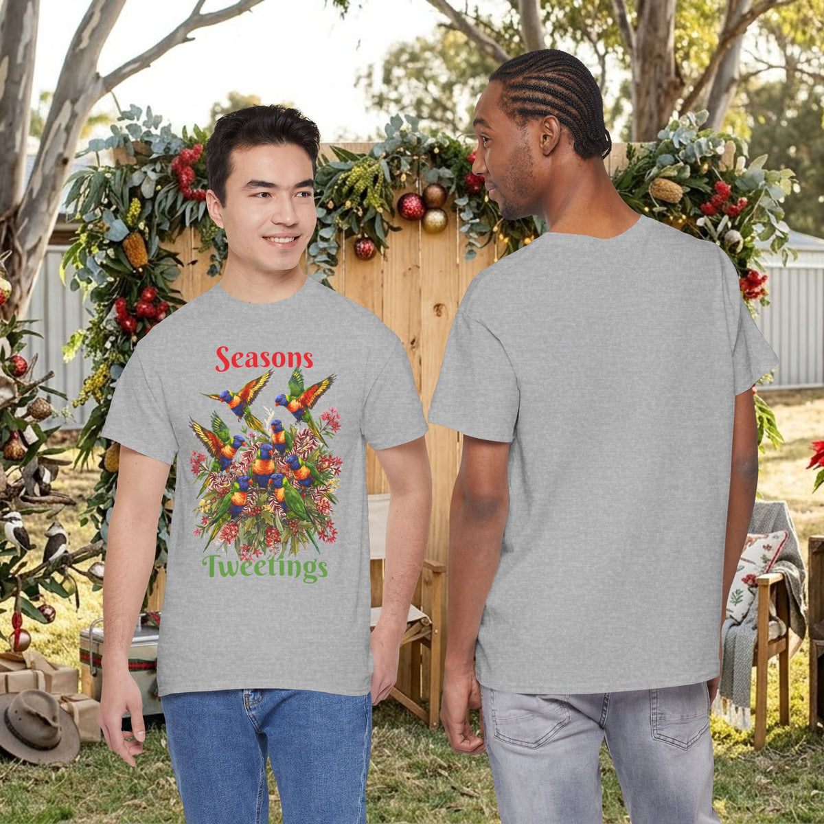 Gray T-shirt with colorful bird floral holiday graphic and 'Seasons Tweetings' text