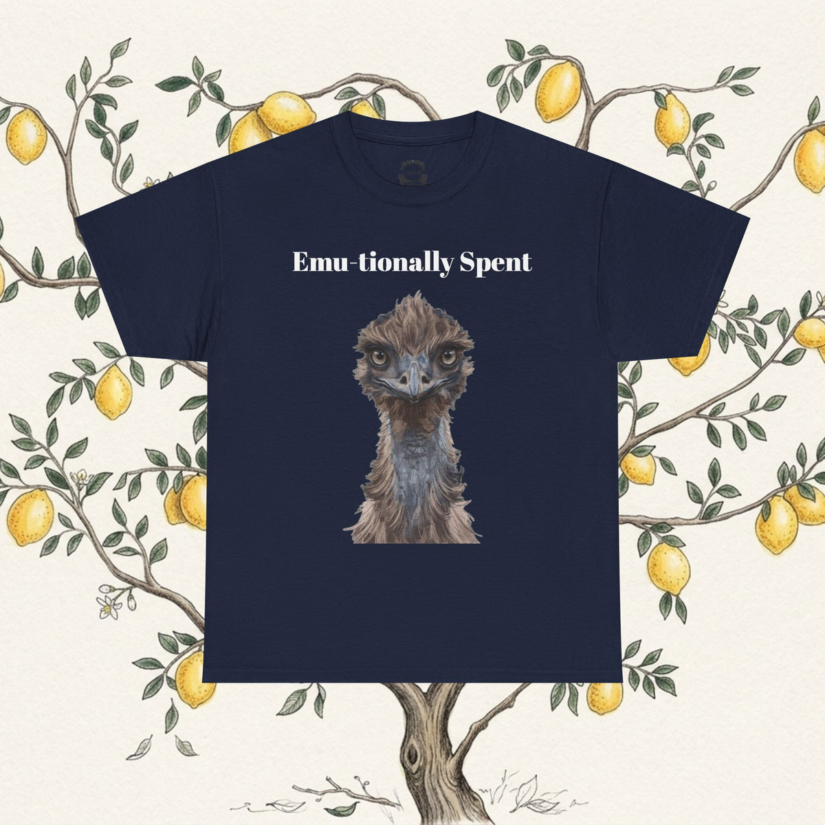 Navy crew-neck T-shirt with “Emu-tionally Spent” and a detailed emu portrait