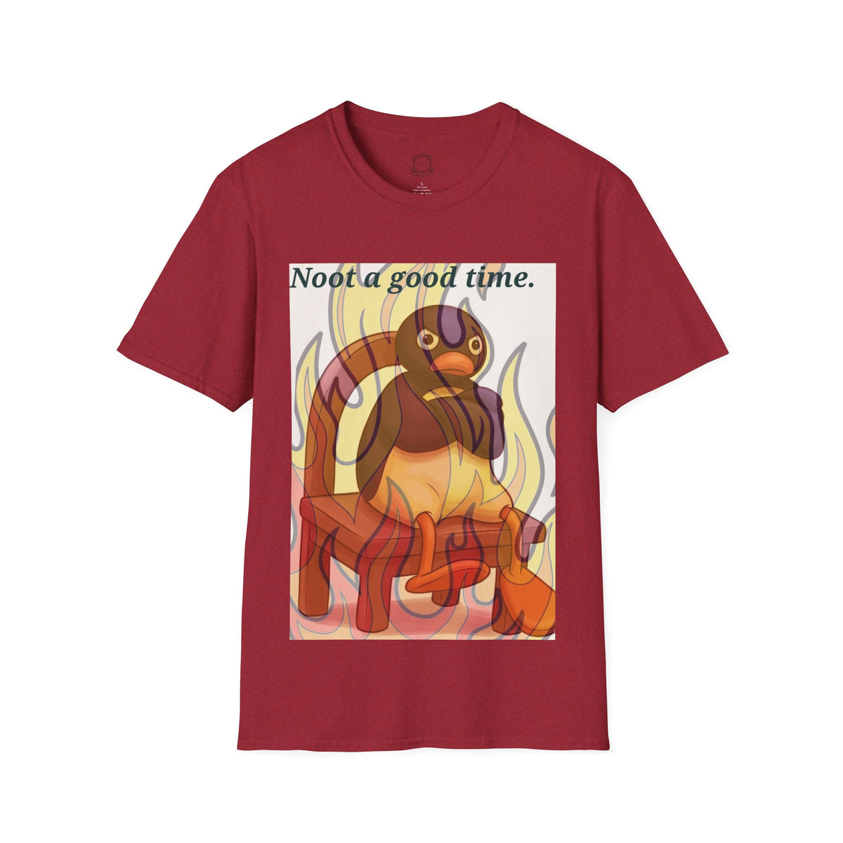 Cardinal red crew-neck T-shirt with cartoon cat and flames graphic on front