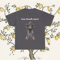 Dark gray crew-neck T-shirt with “Emu-tionally Spent” and a detailed emu portrait