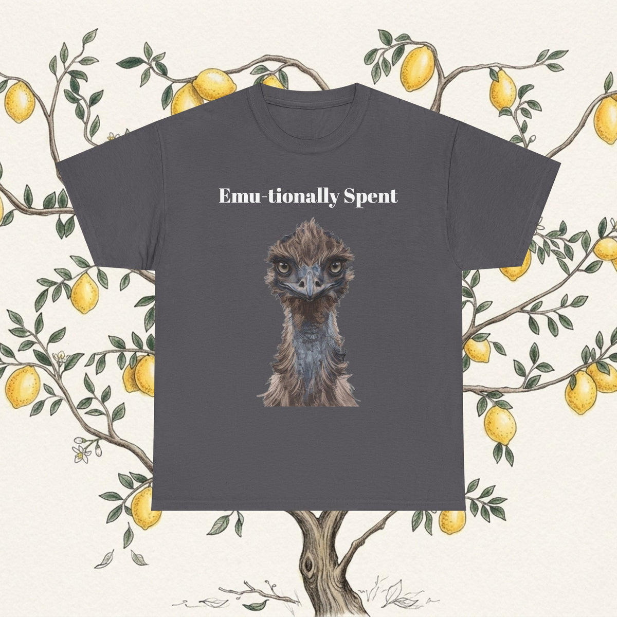Dark gray crew-neck T-shirt with “Emu-tionally Spent” and a detailed emu portrait
