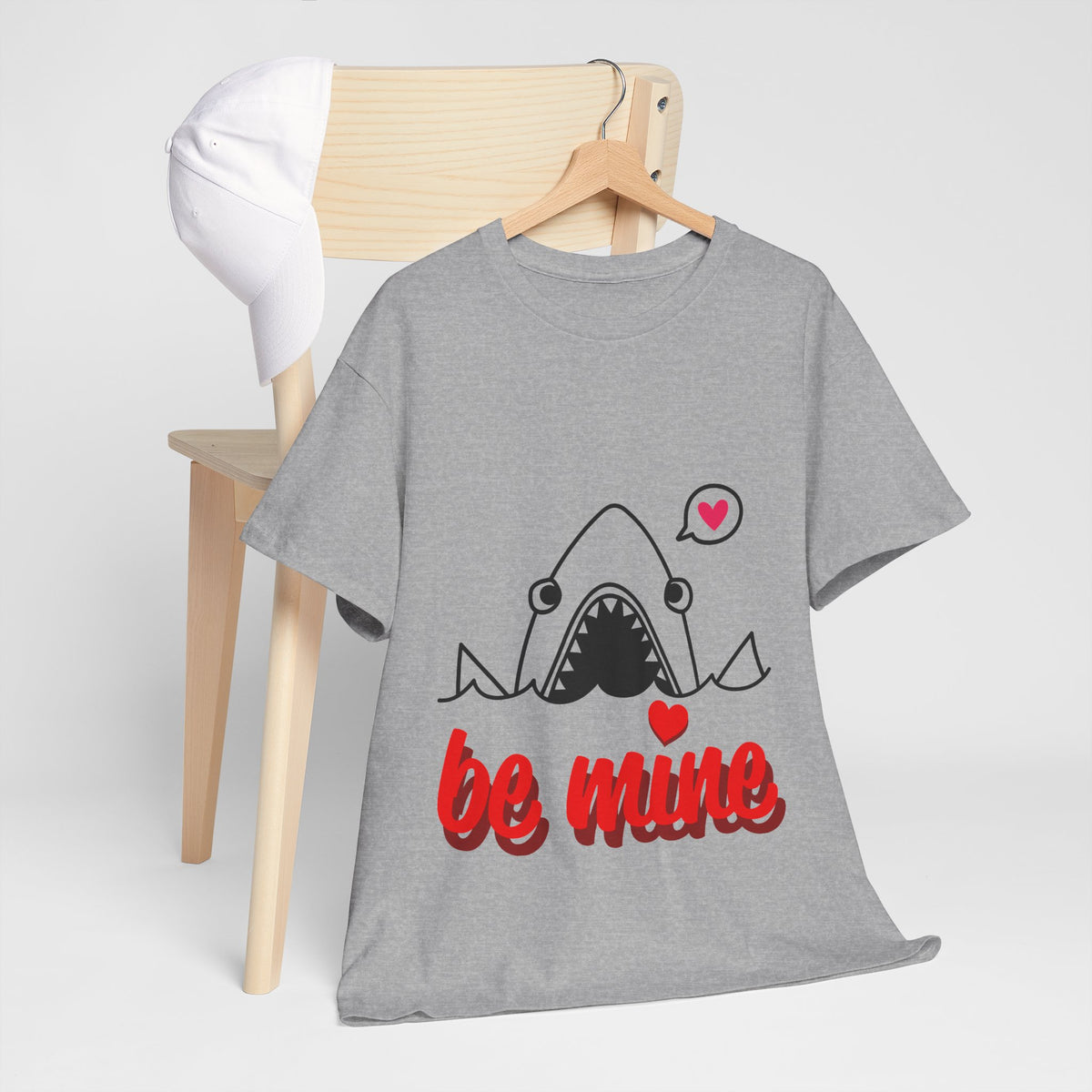 Heather gray t-shirt with shark graphic and red "be mine" lettering, laid flat.
