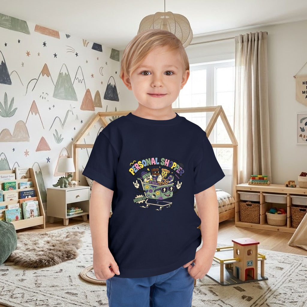 Navy toddler T-shirt with colorful shopping cart graphic on front