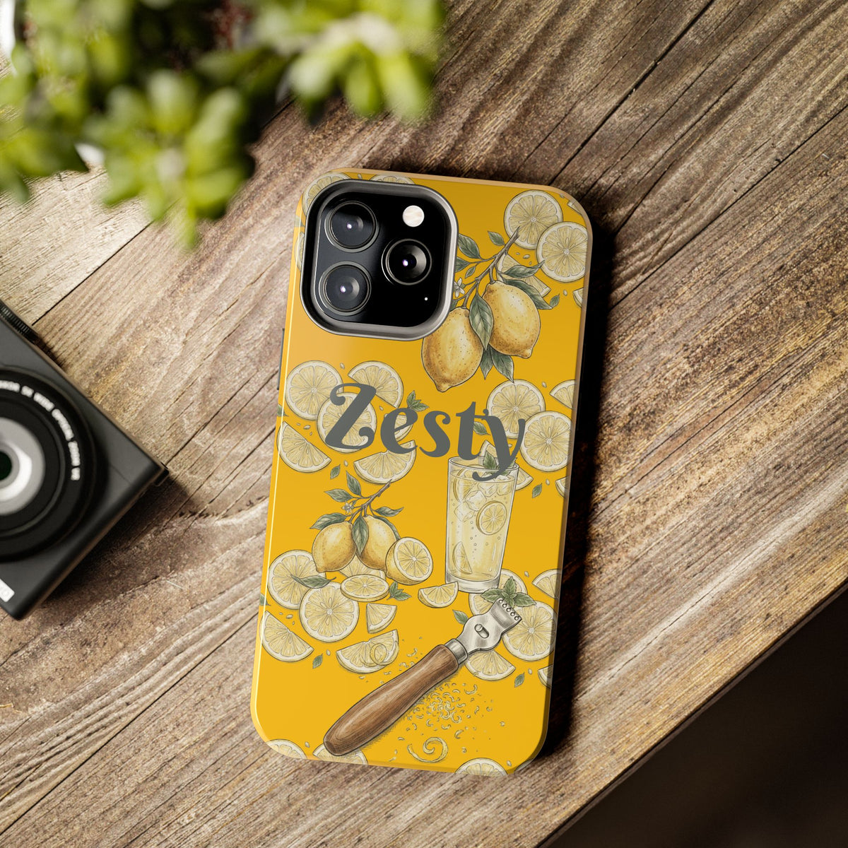 Yellow tough phone case with zesty citrus illustration and cocktail straw graphic