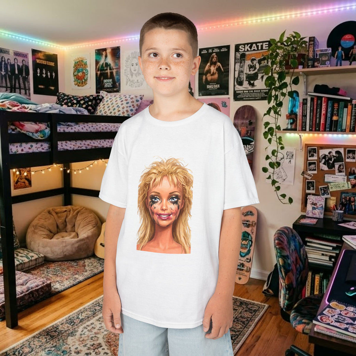 White kids T-shirt with blonde doll face portrait print on front