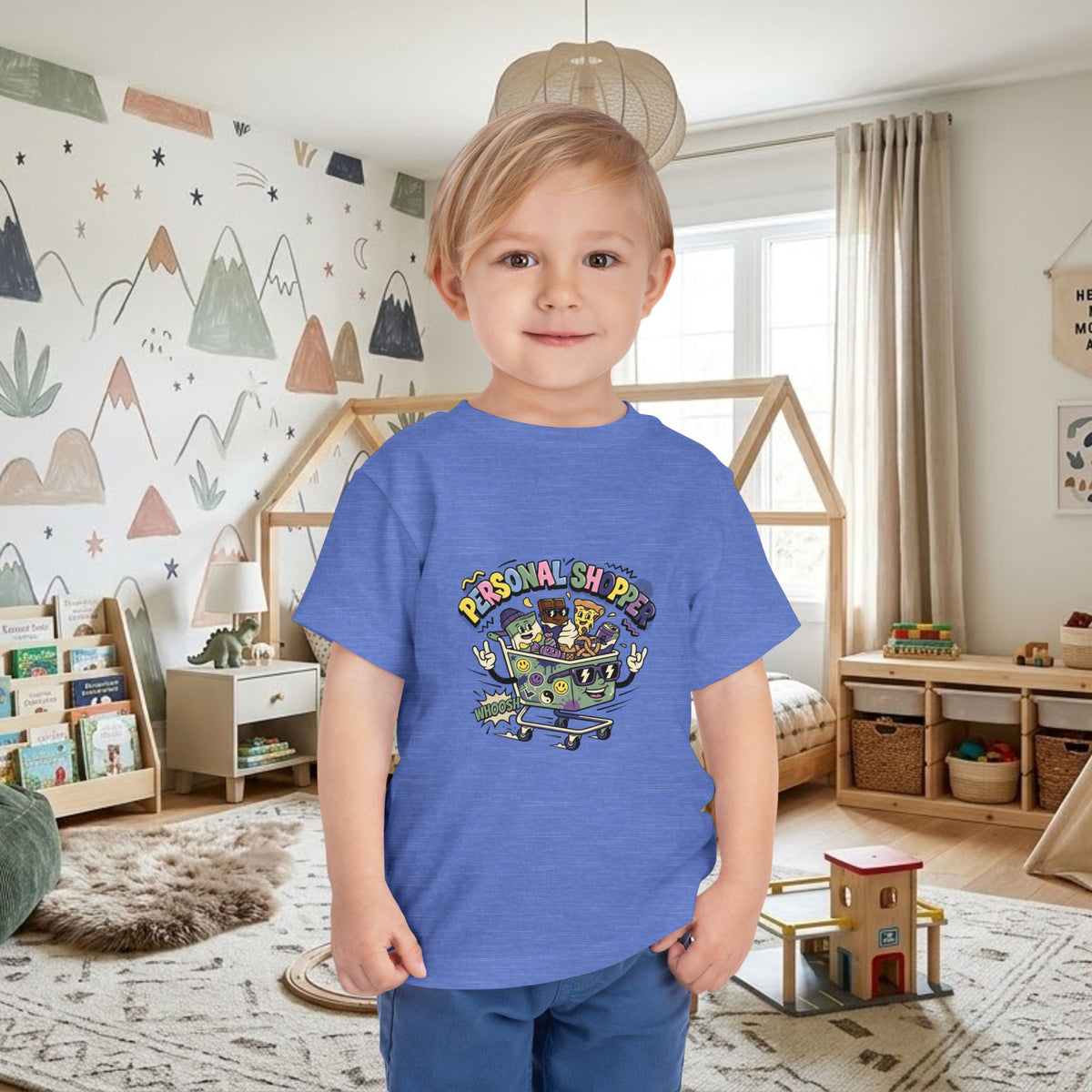 Toddler blue graphic t-shirt with shopping cart “Personal Shopper” print