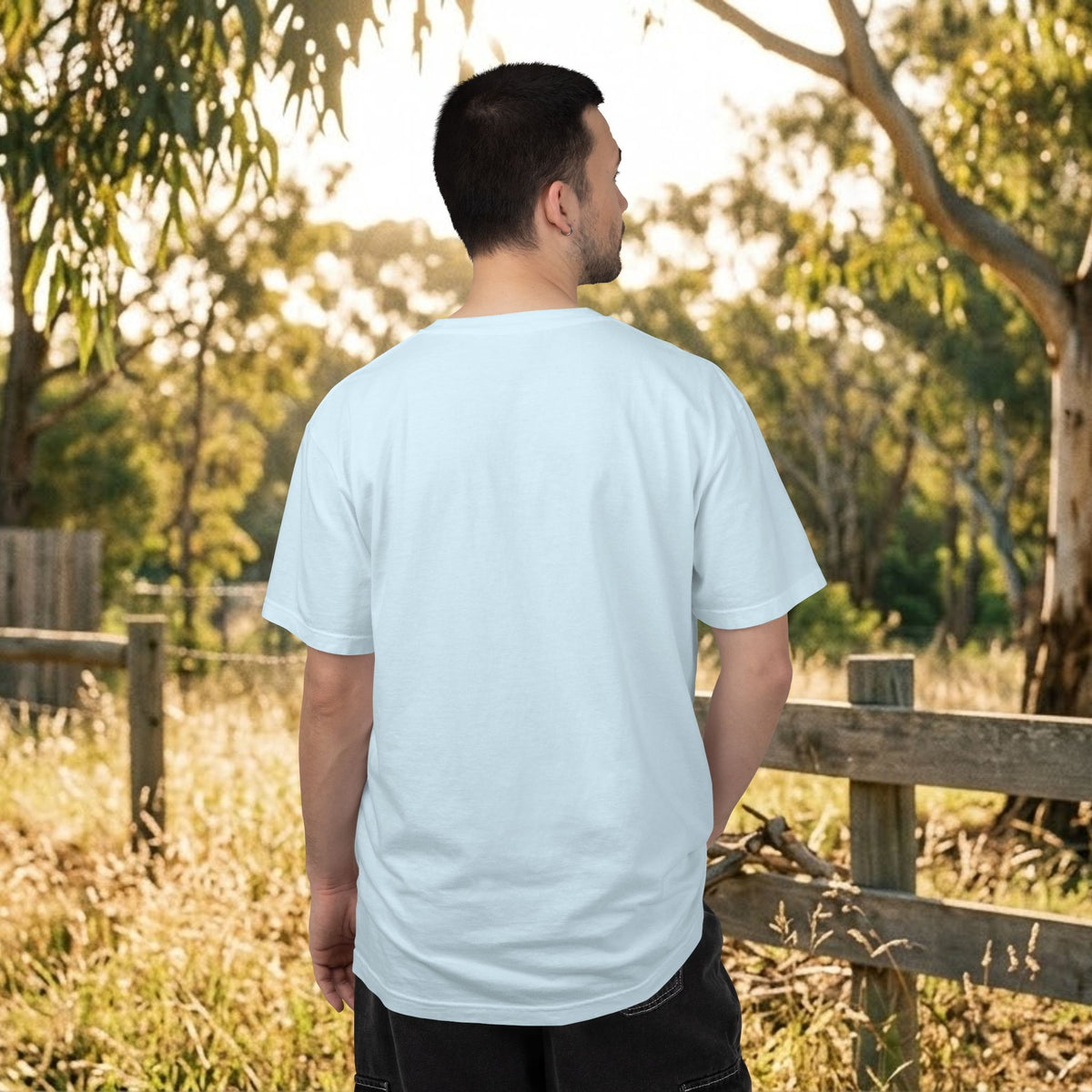 Light blue T-shirt back view with crewneck and short sleeves