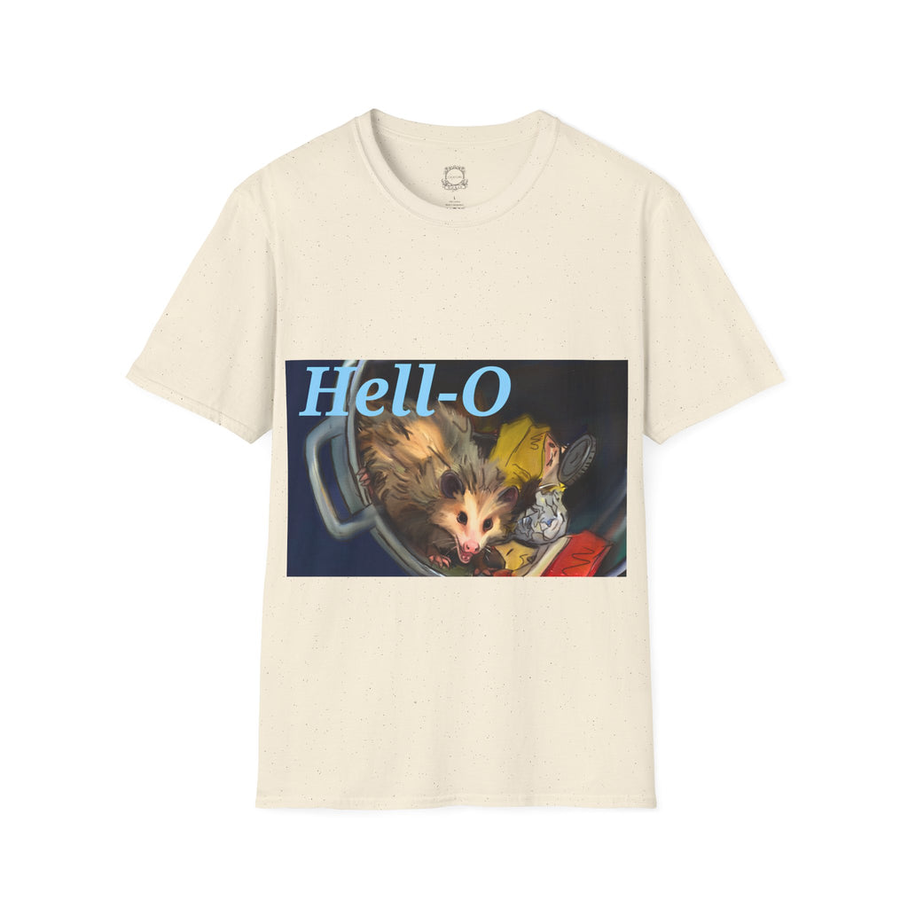 Cream T-shirt with 'Hell-O' possum graphic on front