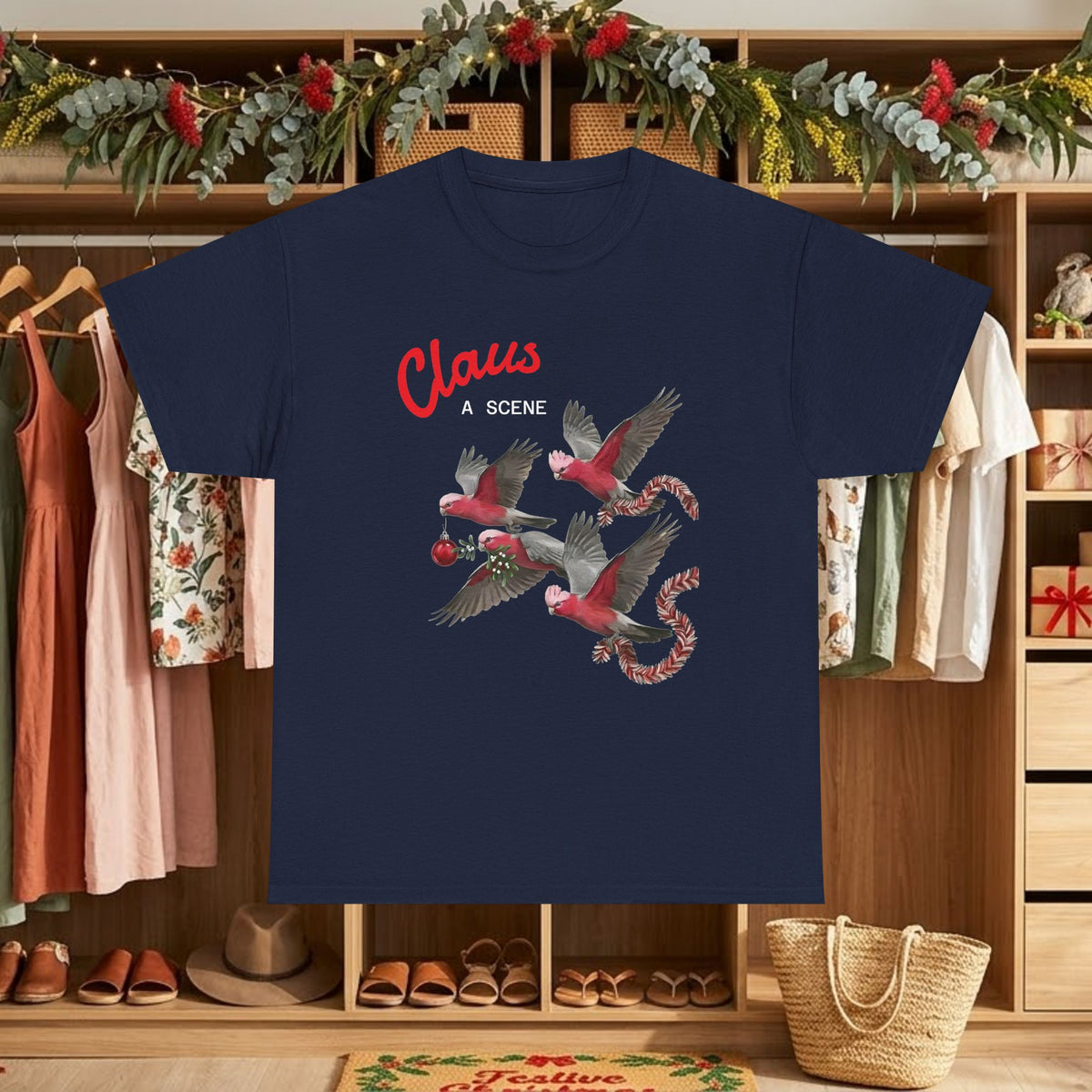 Navy Christmas graphic tee with “Claus” text and red flying bird scene