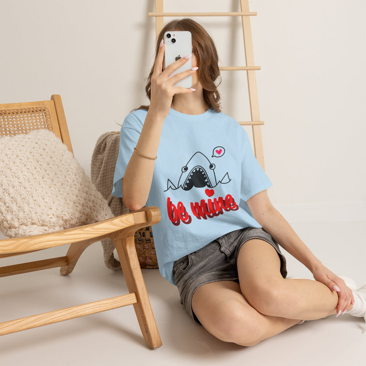 Light blue shark graphic T-shirt with red "be mine" text and heart accents