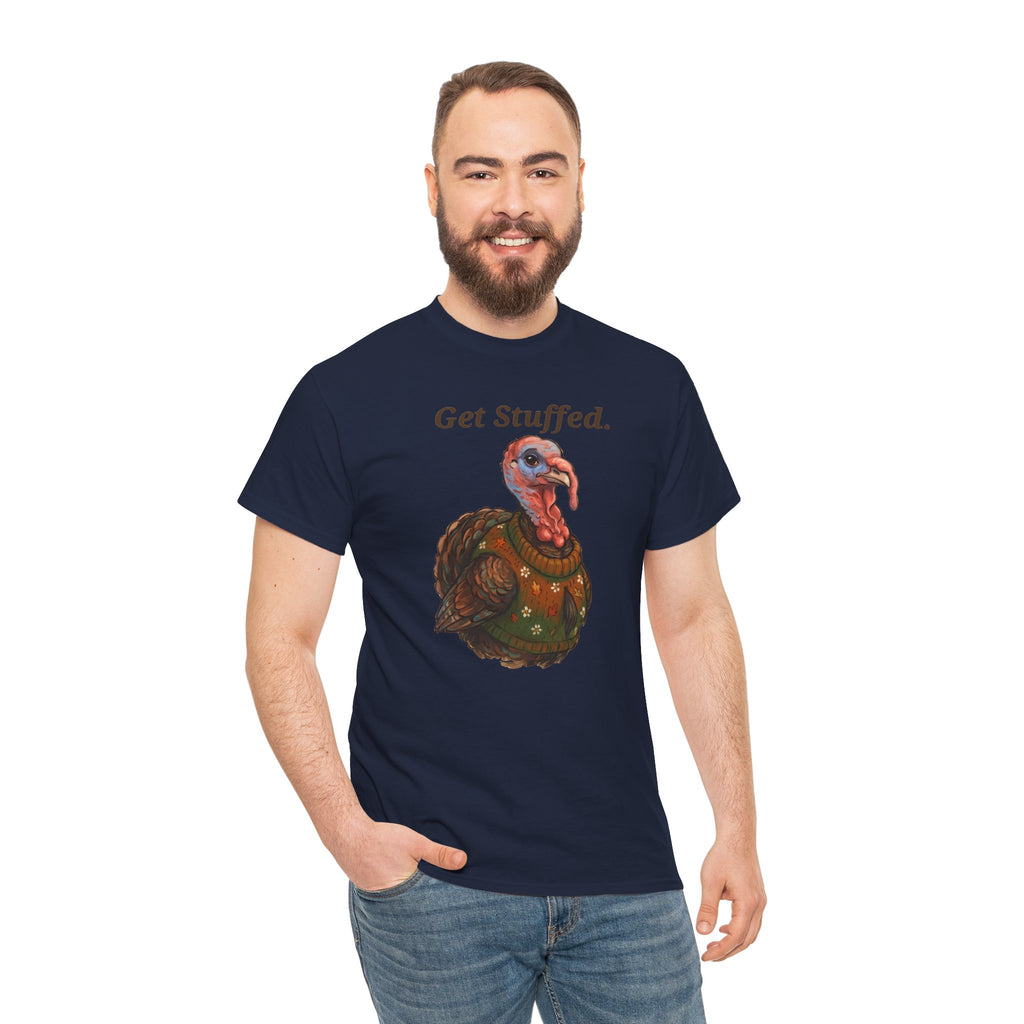 Navy t-shirt on model with 'Get Stuffed.' turkey graphic on the front