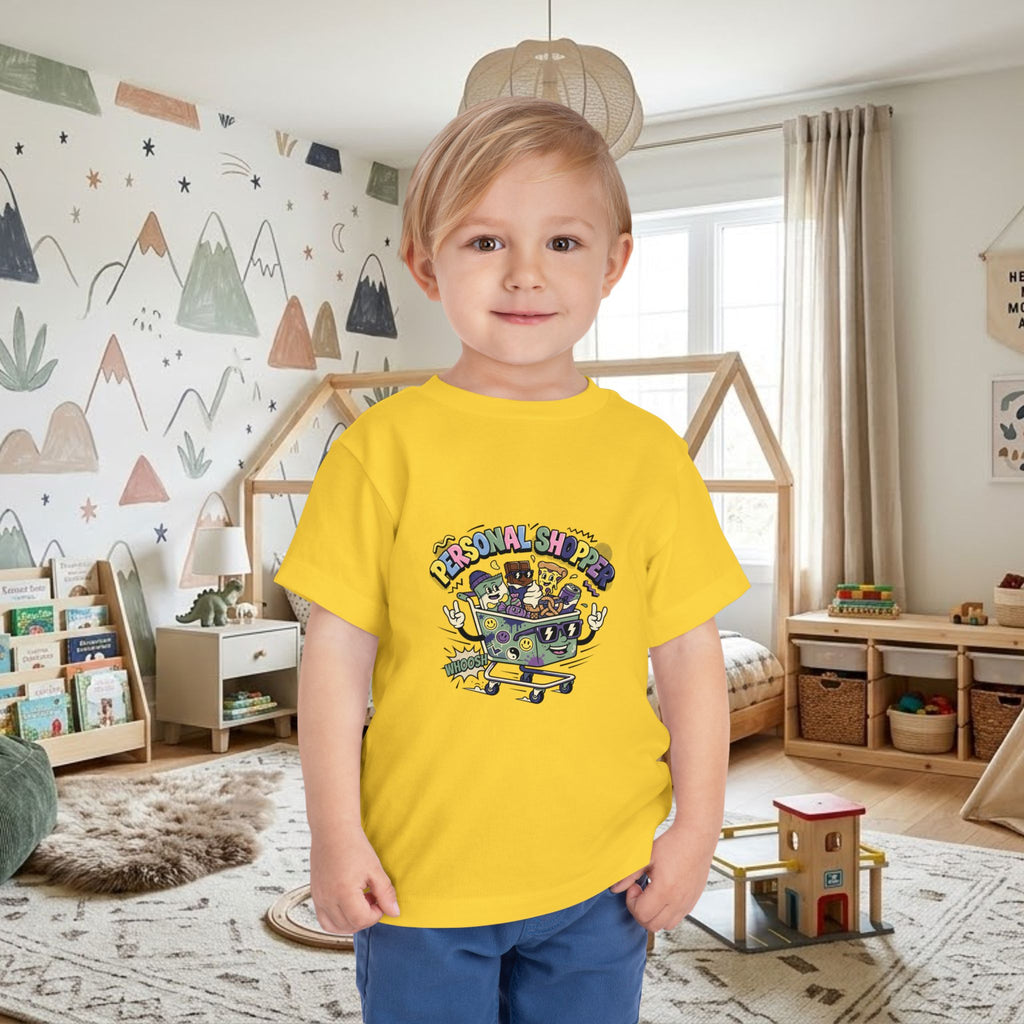 Yellow toddler t-shirt with colorful shopping cart graphic on front