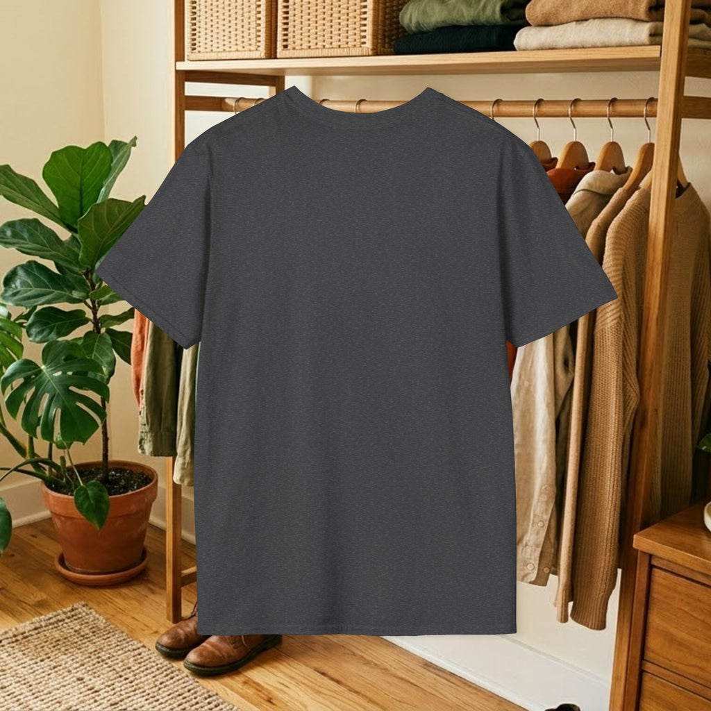 Dark gray short-sleeve t-shirt with crew neck, displayed on a hanger