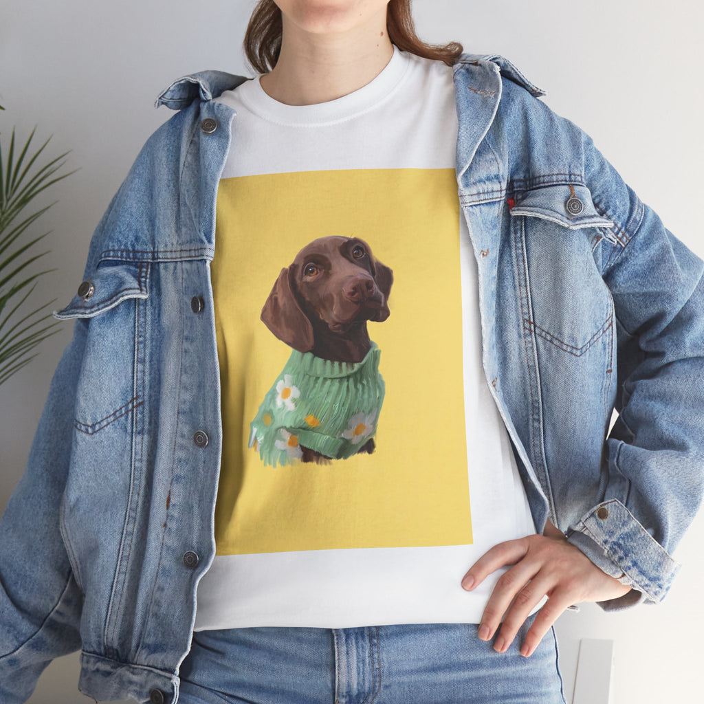 White crew-neck pet portrait T-shirt with dog artwork centered on the chest
