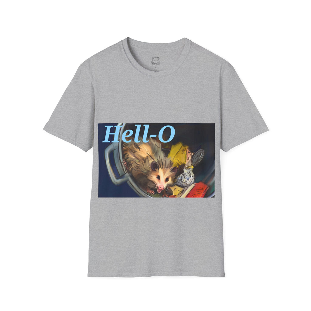 Heather gray T-shirt with 'Hell-O' possum graphic on front