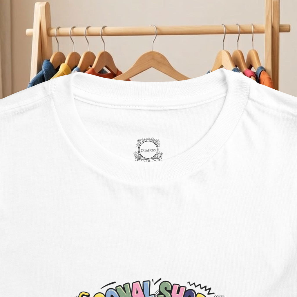 White toddler tee close-up of round neckline badge and partial front graphic