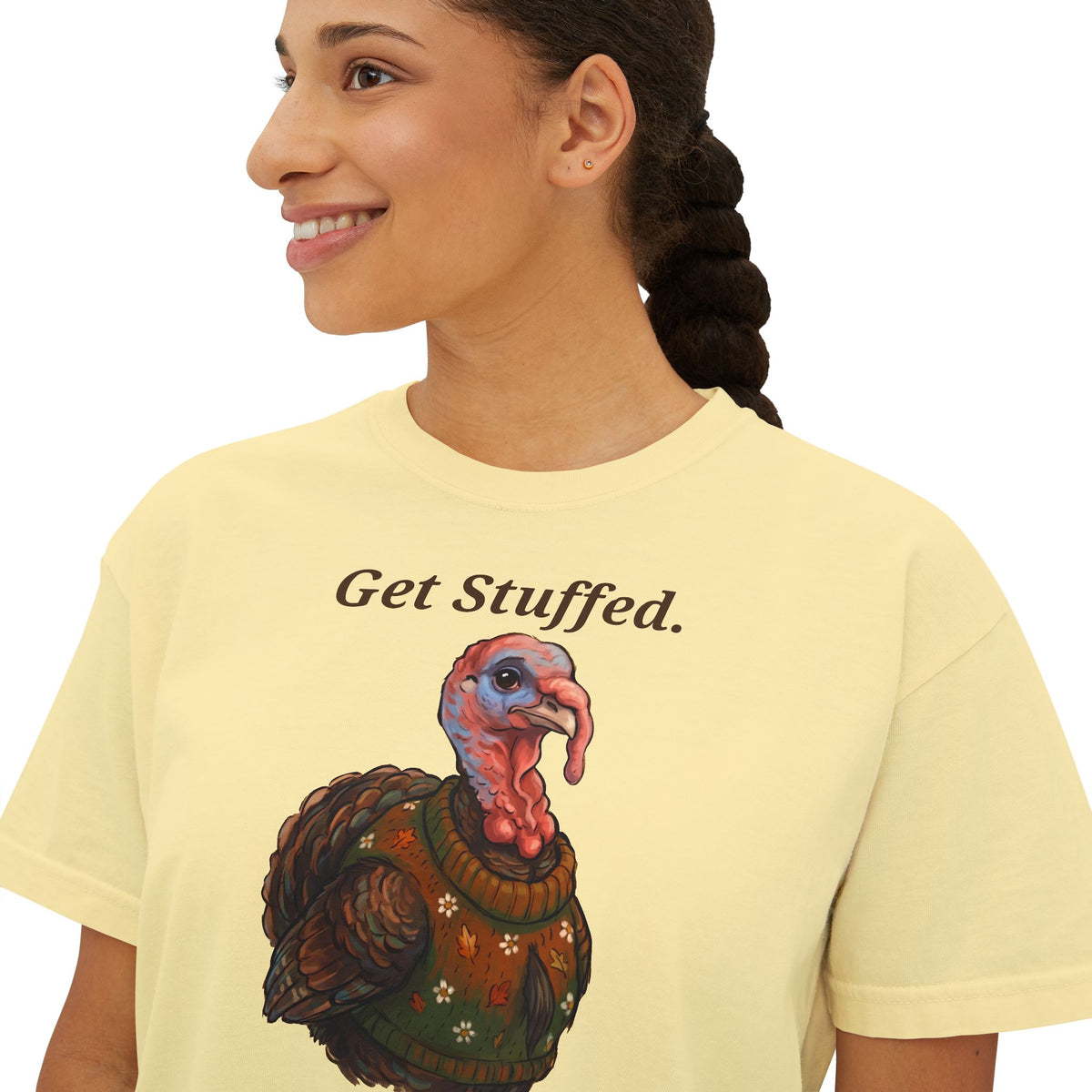 Light yellow “Get Stuffed.” turkey graphic T-shirt, crew neck, short sleeves