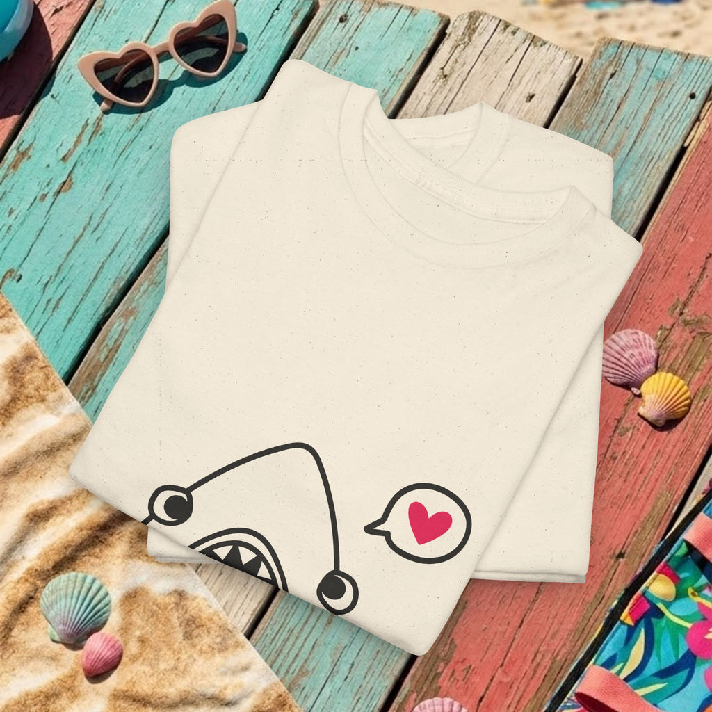 Light beige T-shirt with shark face graphic and red 'be mine' text with small hearts.