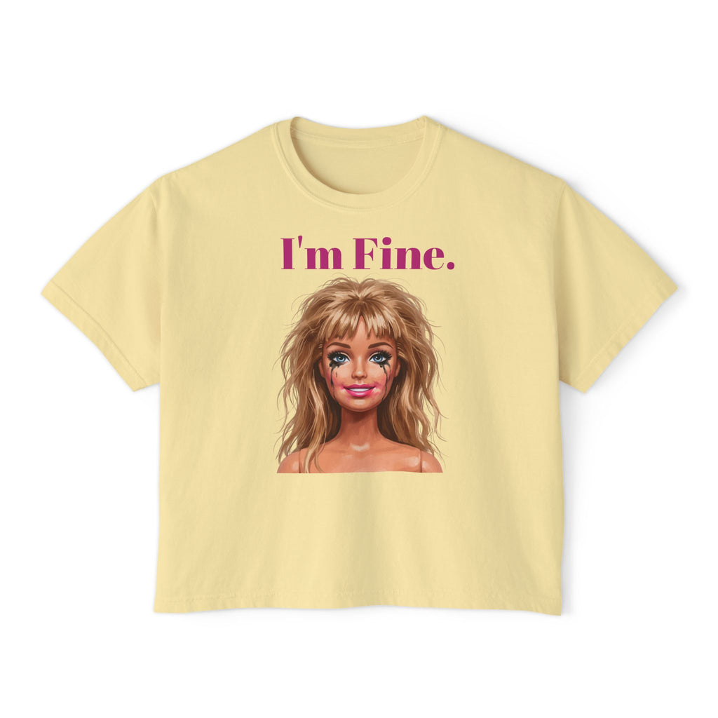 Boxy yellow graphic tee with “I’m Fine.” text and doll face portrait print