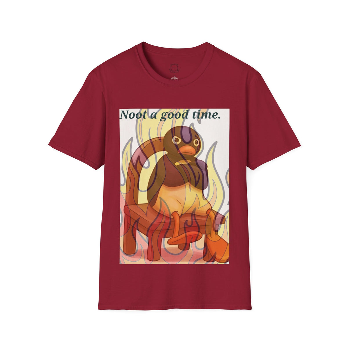 Cardinal red crew-neck T-shirt with cartoon cat and flames graphic on front