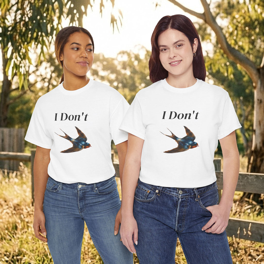 White T-shirt on two models with 'I Don't' text and swallow bird graphic.