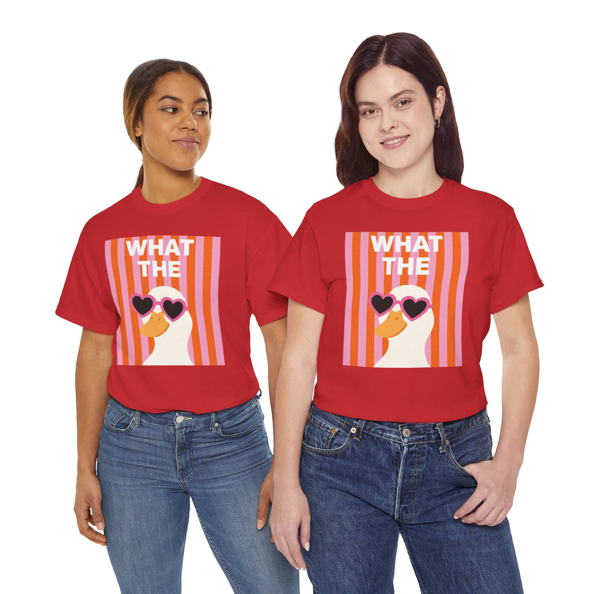 Pair of red cotton graphic tees with duck-face heart sunglasses and “WHAT THE” print