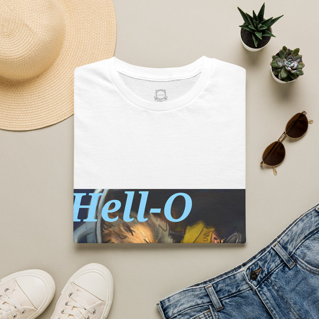 White T-shirt with “Hell-O” text and opossum illustration print on front