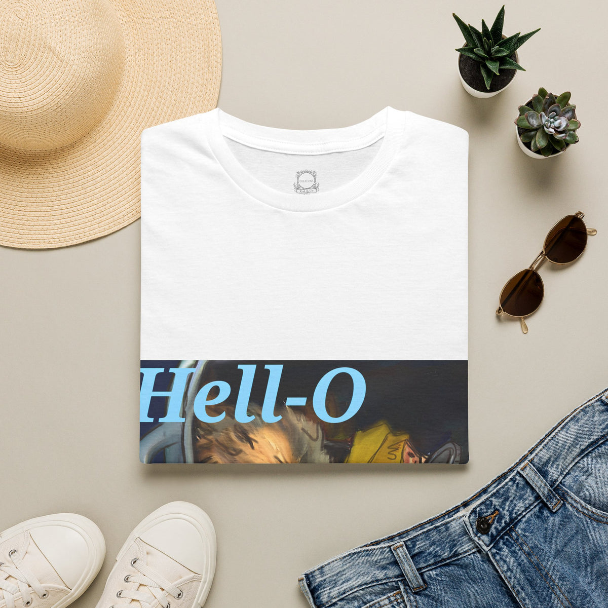 White T-shirt with “Hell-O” text and opossum illustration print on front