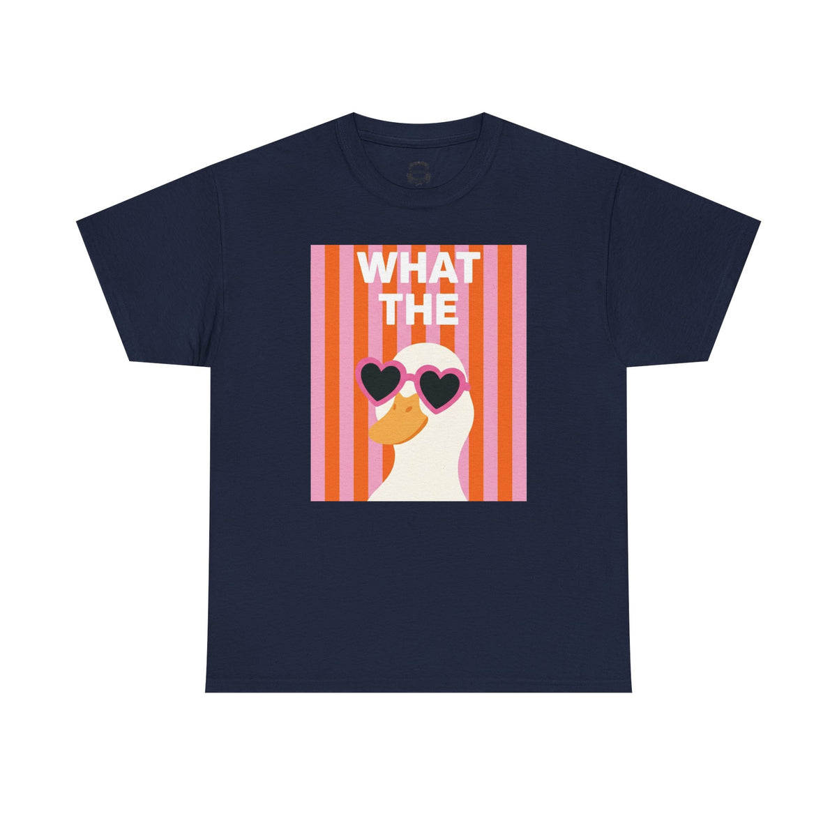 Navy unisex crewneck T-shirt with “WHAT THE” heart sunglasses graphic on front