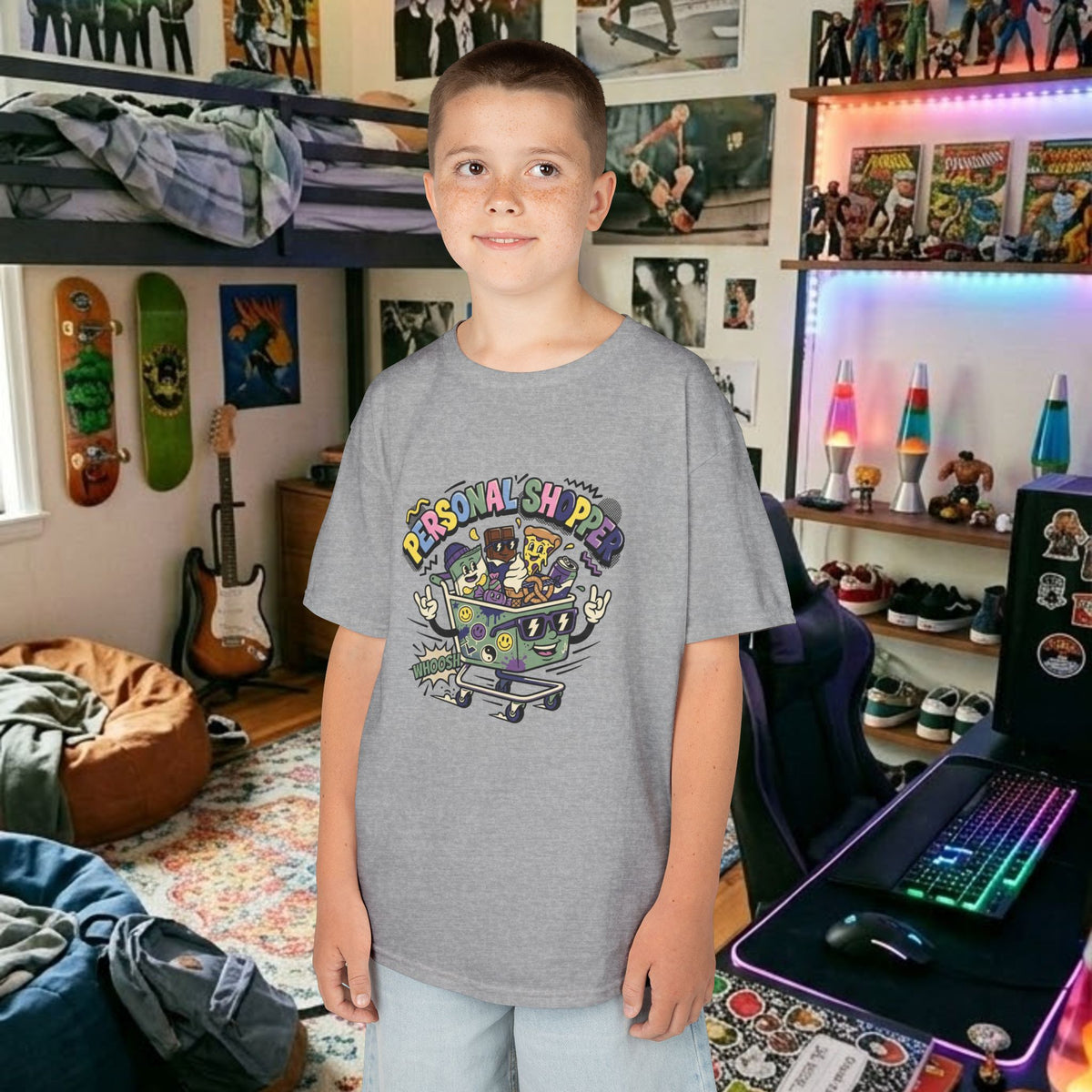Kids gray graphic tee with colorful “Personal Shopper” cartoon print on chest