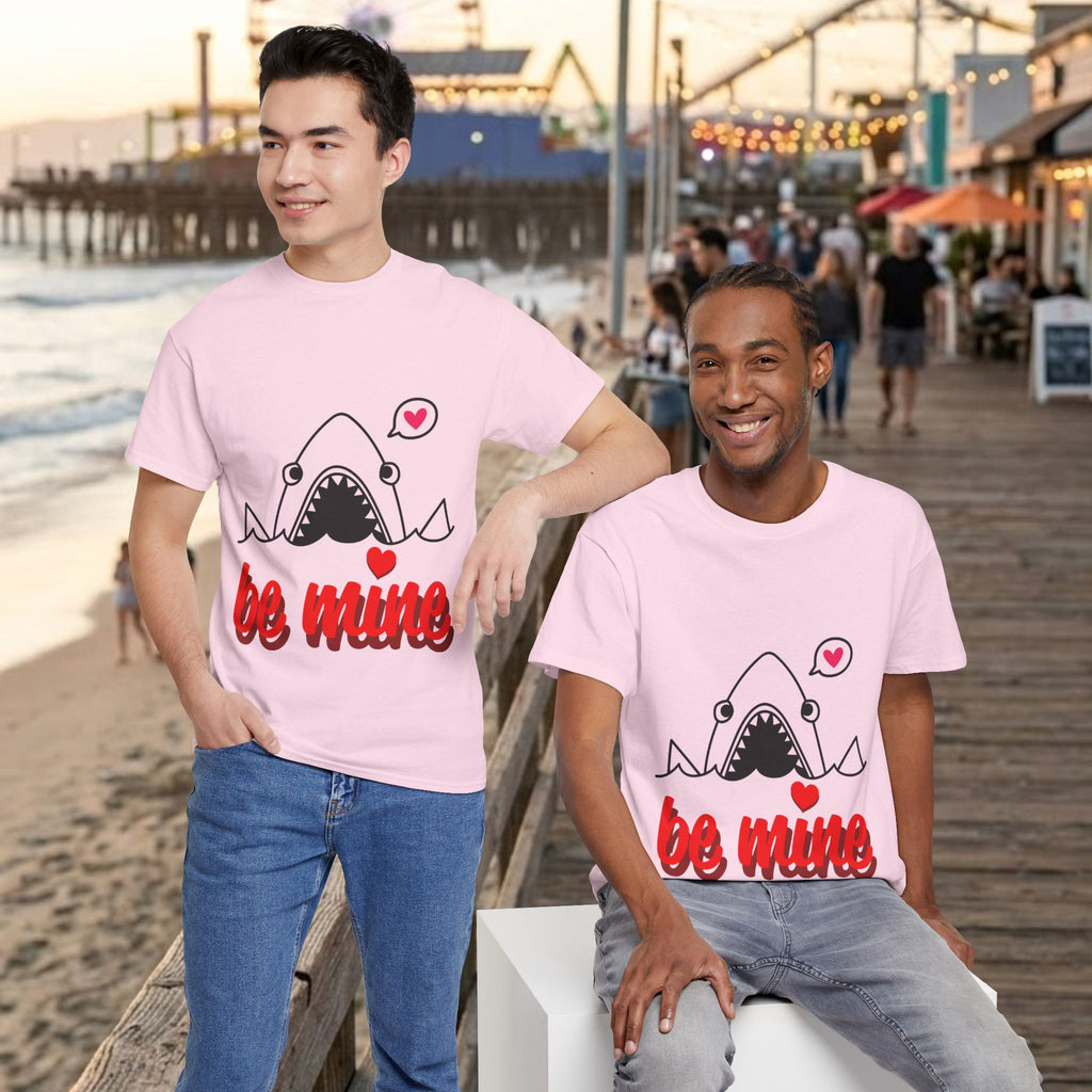 Light pink crewneck graphic T-shirt featuring shark outline and red “be mine” text