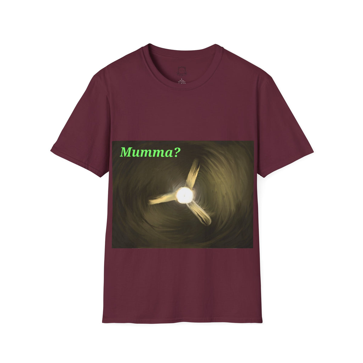 Maroon ceiling fan graphic T-shirt with green "Mumma?" text and glowing fan artwork