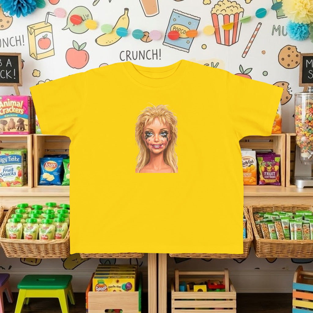 Yellow toddler tee with smudged doll face graphic print on front