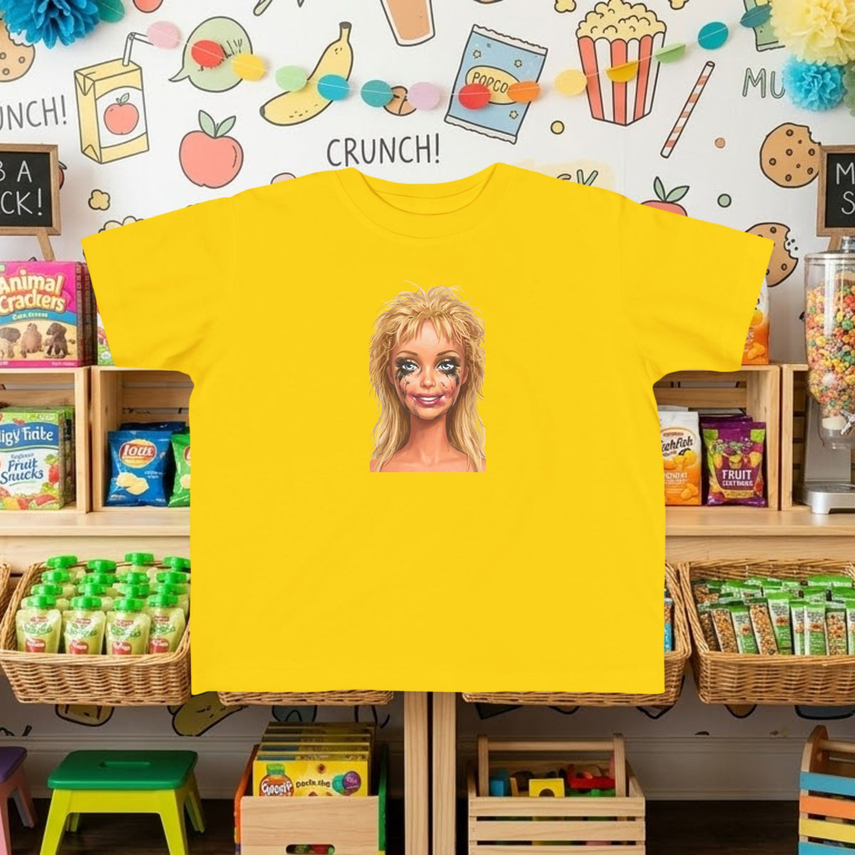 Yellow toddler tee with smudged doll face graphic print on front