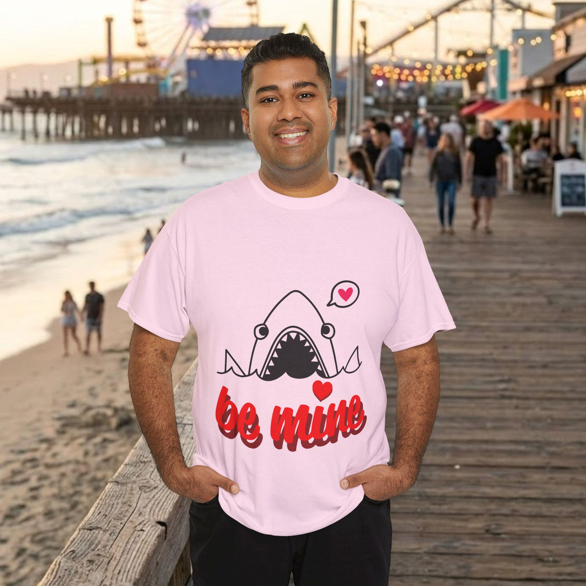 Light pink shark T-shirt with 'be mine' heart graphic, model front pose