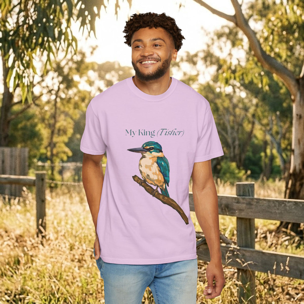 Lavender short-sleeve T-shirt with kingfisher bird graphic on the chest, front view.