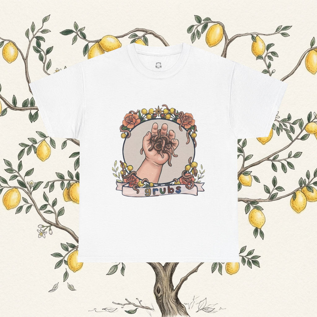 White T-shirt with centered circular tarot hands illustration in floral wreath
