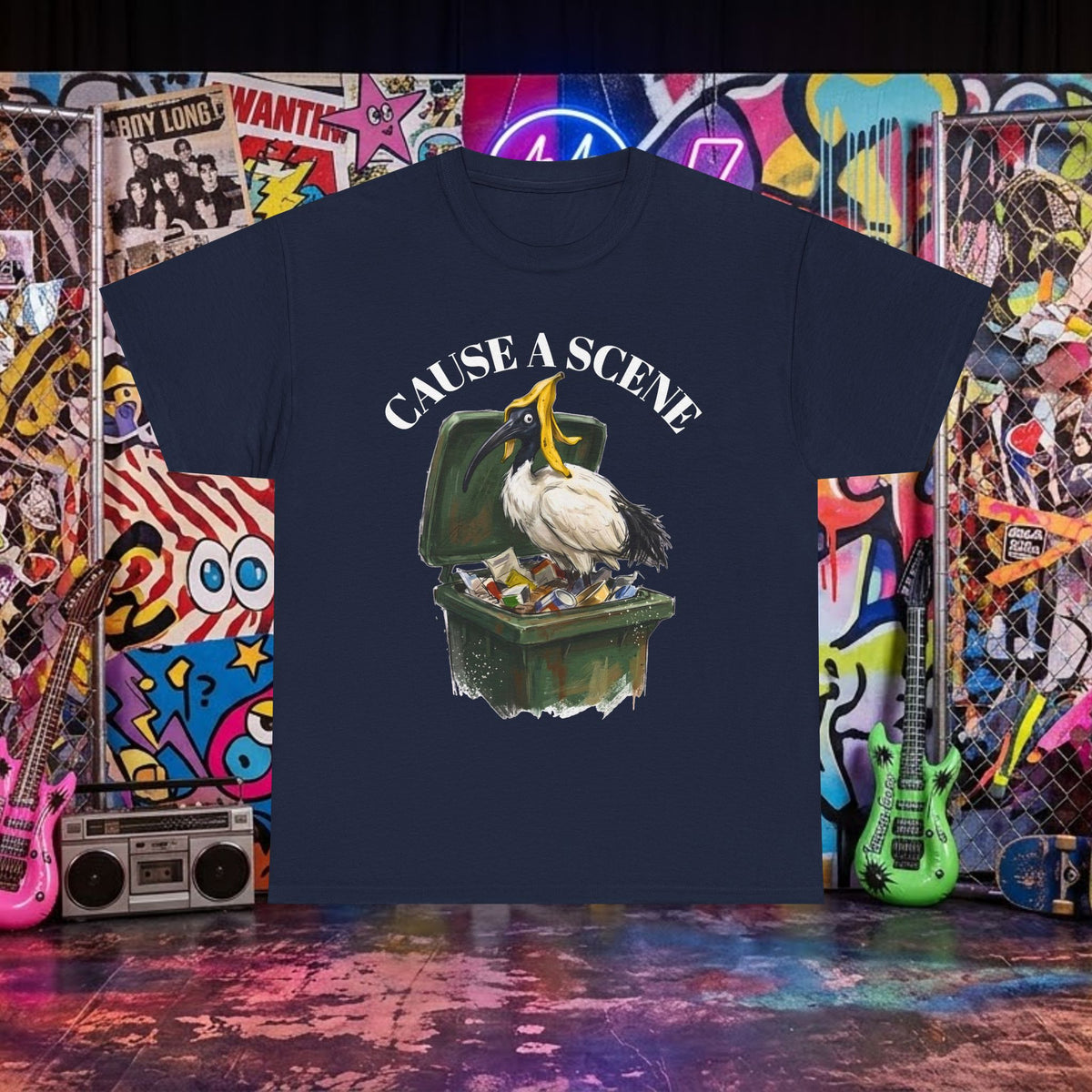 Navy T-shirt with ibis in a trash can graphic and "CAUSE A SCENE" text